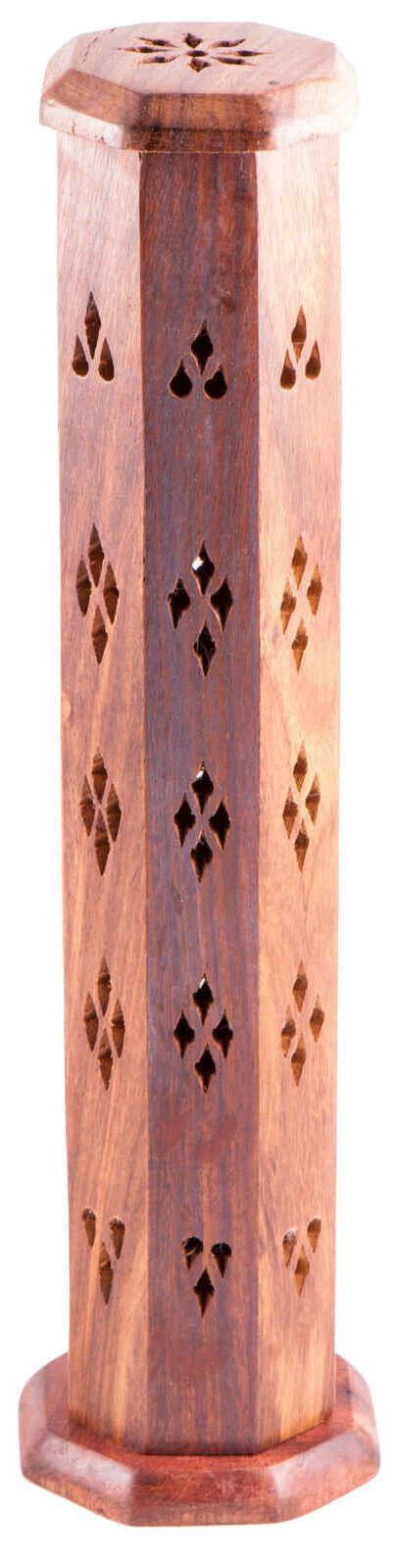 Incense Stick Holder Burner w/ Flower | Ash Catcher Hand made Wood Tower Buddha