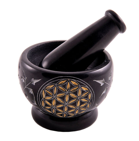 Mortar & Pestle Flower Of Life | Hand-Carved Soapstone Black and Gold Mortarium