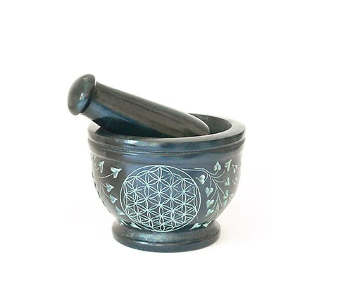 Mortar & Pestle Flower Of Life | Hand-Carved Soapstone Black and Gold Mortarium