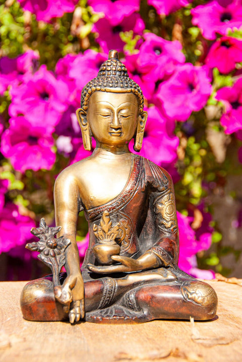 20cm Tall Medicine Buddha Statue Pure Brass - Classical Buddhism Handcrafted