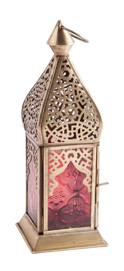 Red Lantern Metal & Glass Candle Holder | Tea Light Oriental | Sparkle Joy