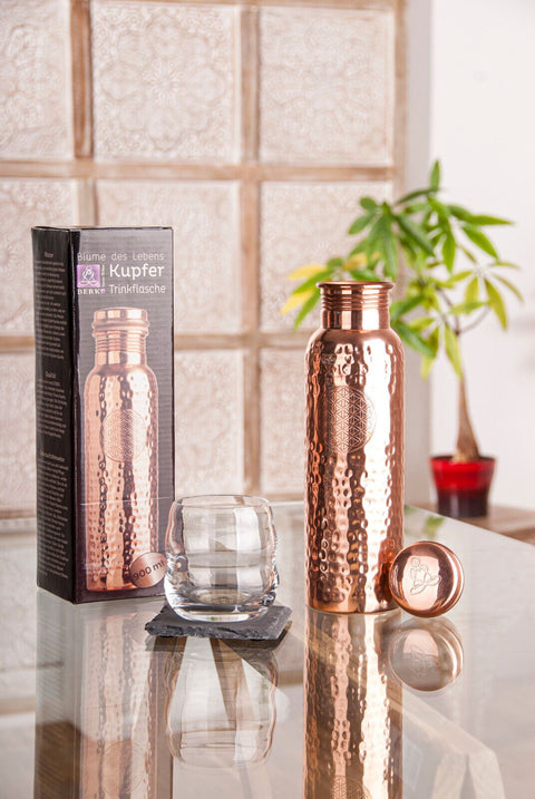 Hand-hammered Pure Copper Water Bottle Flower of Life - Ayurvedic | 900ml