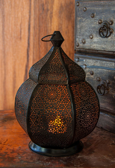 Black Lantern Metal & Glass Candle Holder | Tea Light Oriental | Gold Spark