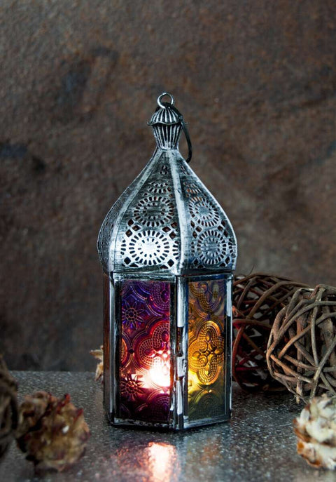 Purple Lantern Metal & Glass Candle Holder | Tea Light Oriental | 1001 Nights
